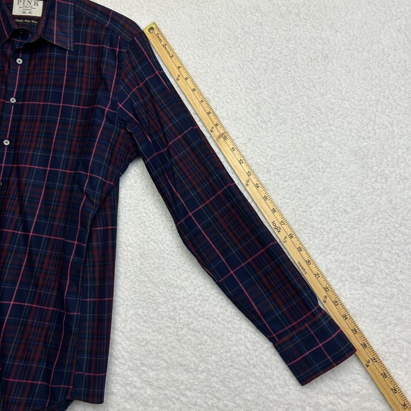 Thomas Pink Dress Shirt Mens 15.5 Blue Pink Plaid Slim Superfine Italian Cotton - Picture 6 of 13